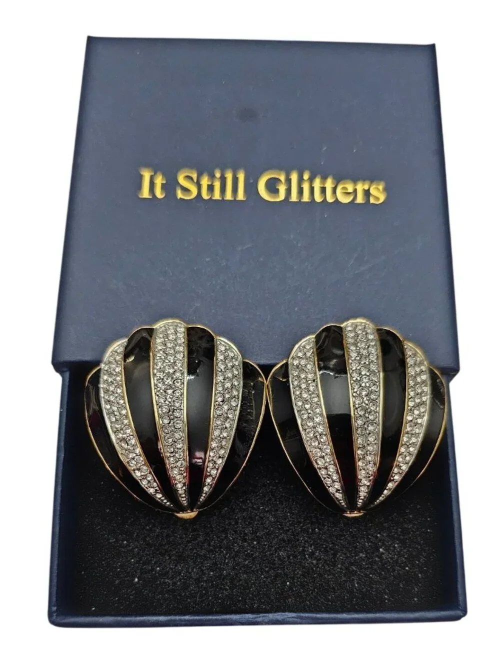 Guy Laroche Black Enamel Clear Rhinestone Clip-On Clam Shell, Fan Earrings J817
